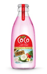 بطری شیشه ای 250 میلی لیتری آب نارگیل با طعم توت فرنگی