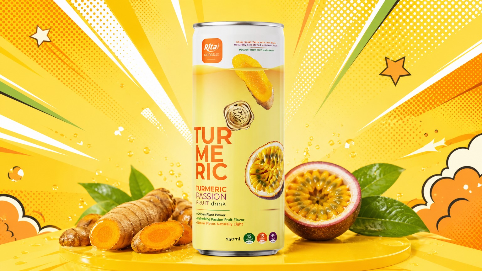 RITA Less Sugar Turmeric Passion Fruit Drink 250ml Slim Can Poster 2