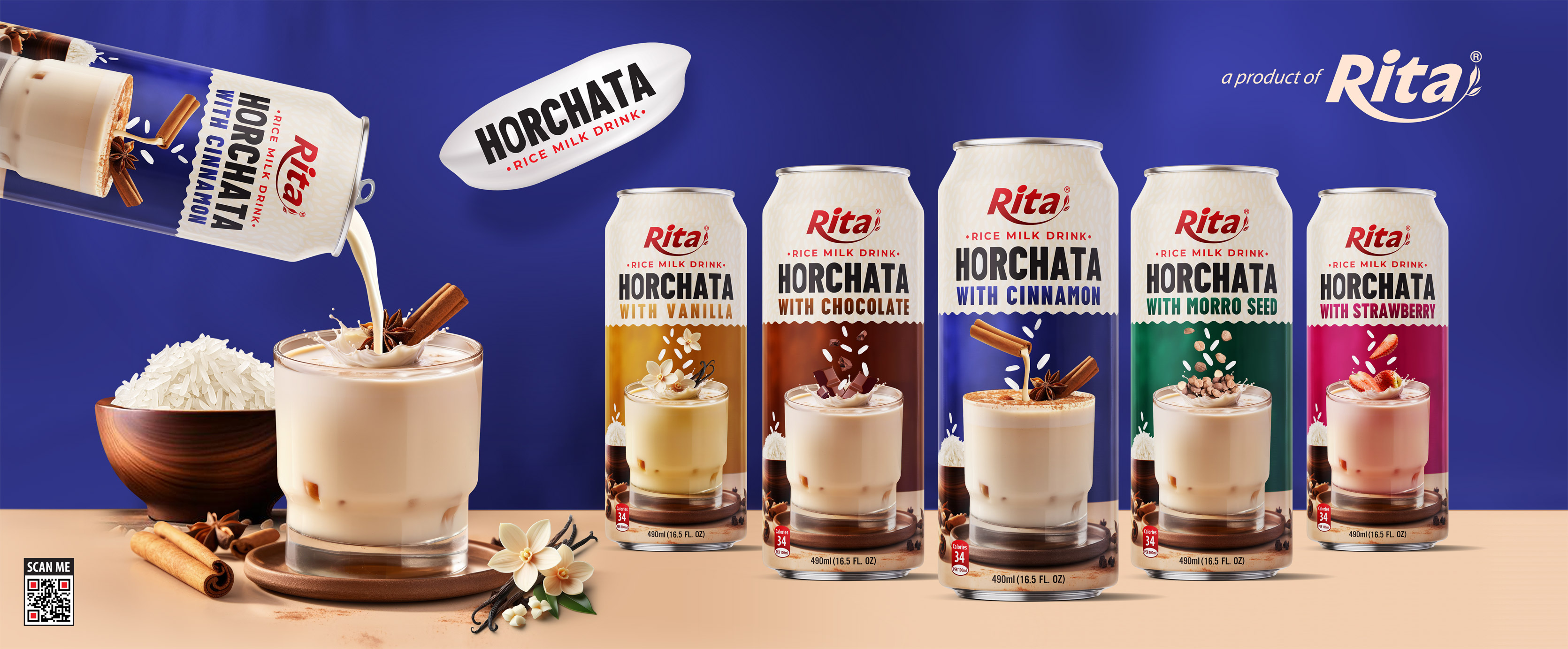 Design RITA brand Horchata Rice milk drink 490ml cans